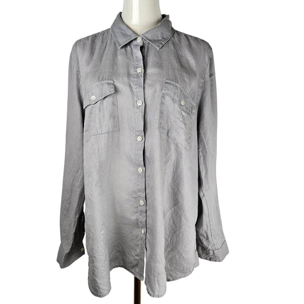 J. Jill‎ Love Linen Large Petite Shirt Gray Long Sleeve Button-Down Neutral